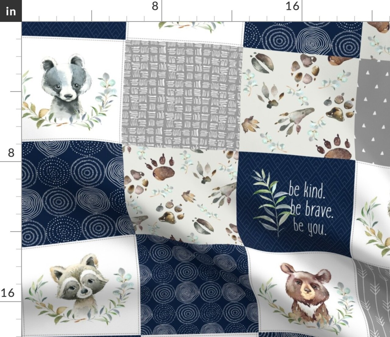 Woodland Quilt Patchwork Baby Boys Woodland Nursery Navy Blue Gray Forest Bear Badger Custom Printed Fabric by Spoonflower Various Fabrics by the Yard or Fat Quarter